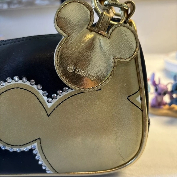 Disney Mickey Minnie Black Gold Faux Leather Shoulder Bag - Picture 4 of 12